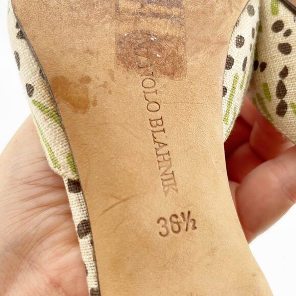 Manolo Blahnik Vintage Beige Green Brown Canvas Bow Pointed Toe Mules IT 36.5 - Picture 11 of 11